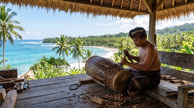 Balinese artisan carving traditional wooden drum in tropical beach hut