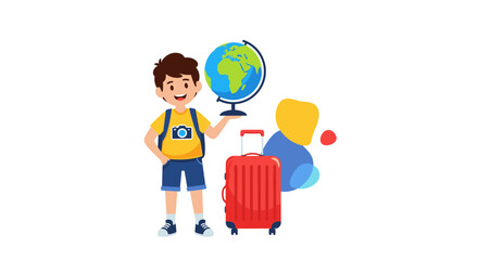 Fototapeta premium Happy young schoolboy tourist stands with a red suitcase and holds a world globe ready for an exciting travel adventure.