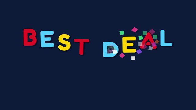 Animated best deal text with colorful confetti elements against dark background