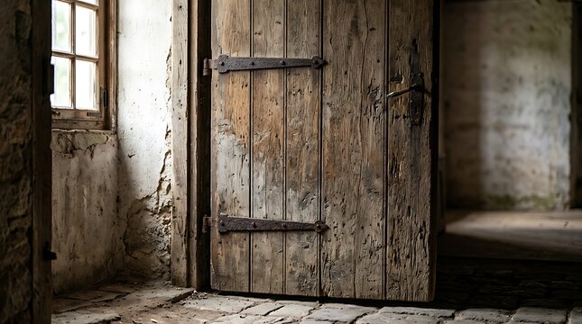 Old rustic wooden door with iron hinges inside an antique building