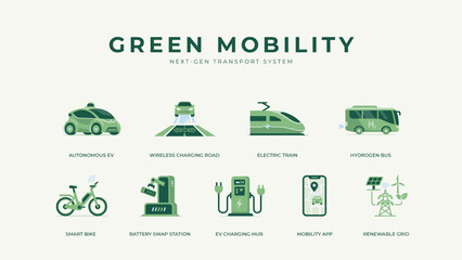 Naklejka premium Green transportation tech vector icons on soft background – Great for eco-friendly logistics, EV battery swap concepts, or smart transit systems.