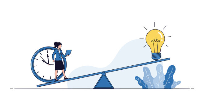 Businesswoman balances a large clock and a glowing light bulb on a seesaw to represent time management and ideas.