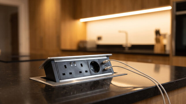 A hidden pop-up electrical socket with multiple plugs emerges from a sleek dark kitchen countertop. This innovative space-saving solution keeps the modern workspace tidy.