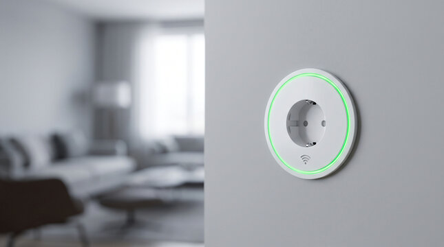A smart WiFi-enabled power socket features a subtle green LED ring on a smoothly painted wall. This advanced electrical outlet allows remote control of household devices.