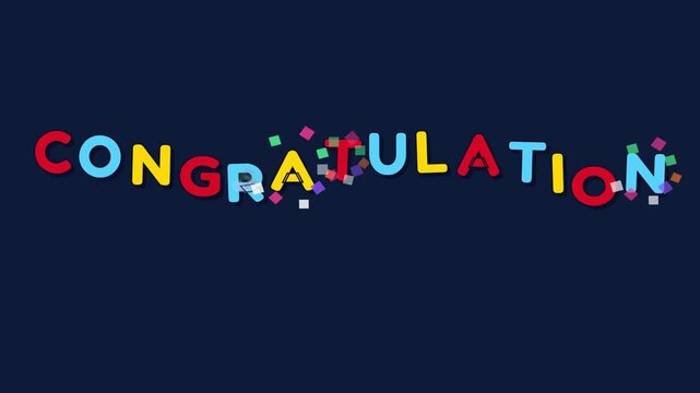Animated colorful congratulation text banners floating against solid deep navy blue background