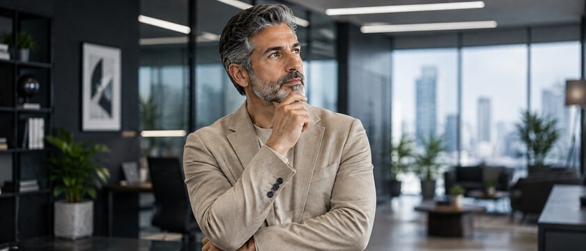 Middle aged businessman thinking and looking out of window in dark modern home office environment.