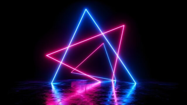 Blue and pink neon geometric triangle installation on a dark reflective surface, representing futuristic technology, energy, nightlife and digital creativity