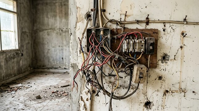 Tangled electrical wires on a ruined wall in an abandoned building