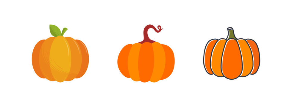 Pumpkin Illustration Set, Orange Autumn Pumpkins Collection, Fall Harvest and Halloween Decorative Vegetable Vector Design Isolated on White Background