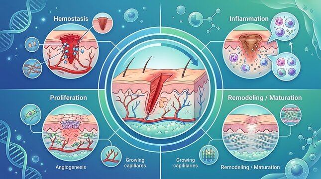 Medical infographic showing the four stages of human wound healing
