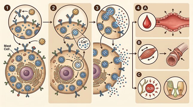 Mast cell degranulation process and physiological allergic responses