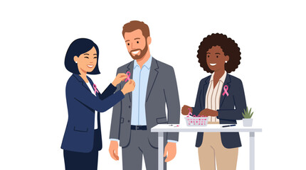 Fototapeta premium Diverse colleagues in office attire pin pink ribbons on each other