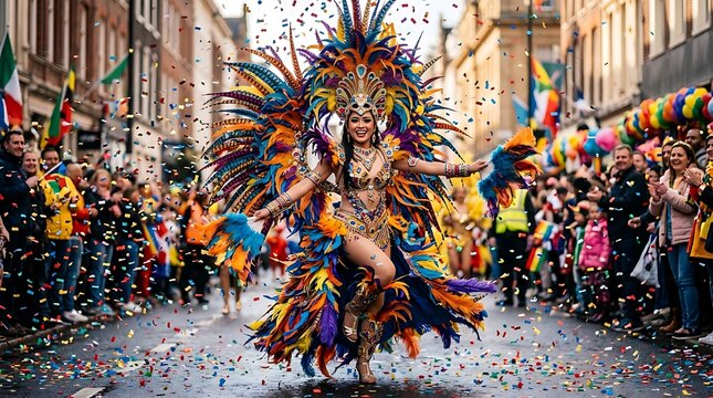 Carnival dancer in feathered costume performing in a street parade