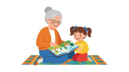 Fototapeta premium Grandmother reading a colorful book to her granddaughter