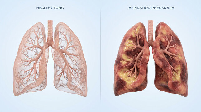 3D Medical Comparison of Healthy Lungs and Aspiration Pneumonia