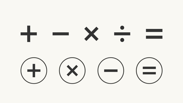 Mathematical symbols including addition subtraction multiplication division and equals signs are displayed in vector format addition subtraction multiplication