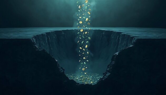 Coins Falling into a Dark Abyss or Deep Canyon Hole