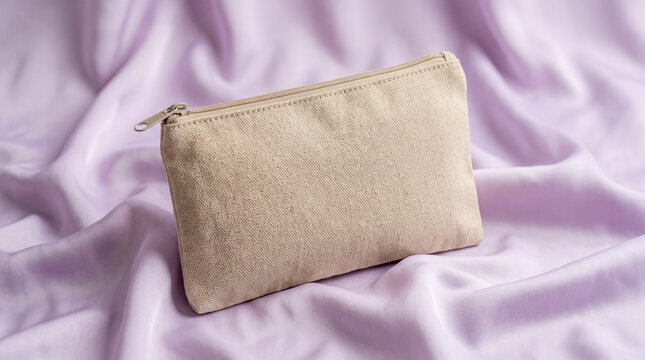 Blank Beige Canvas Zipper Pouch Mockup on Lilac Silk Fabric