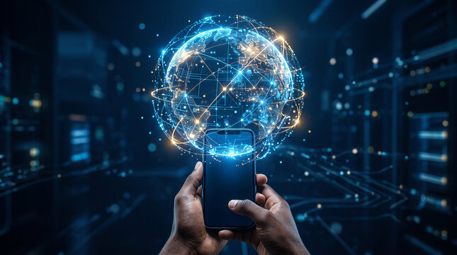 Digital world map projection glowing brightly above a modern smartphone held by human hands against dark blurred data server background