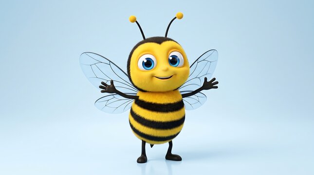 Cute cartoon honey bee character, friendly 3D bumblebee with open arms, cheerful yellow insect mascot on blue background