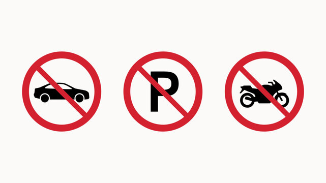 Three prohibition signs depicting no vehicles parking and motorcycles in a flat vector style automotive ban cars cycle