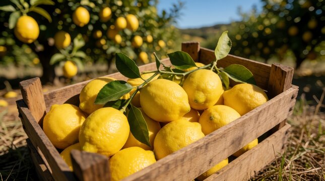 Freshly Harvested Lemons in a Wooden Crate in a Sunny Citrus Orchard, concept of agricultural abundance and fresh organic harvest