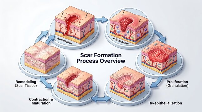 Medical diagram showing stages of human skin wound healing and scarring