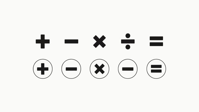 Mathematical symbols including addition subtraction multiplication division and equals signs are displayed as flat icons addition subtraction multiplication