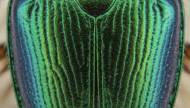 Close-up of a metallic green beetle with intricate patterns, concept of natural beauty and intricate design