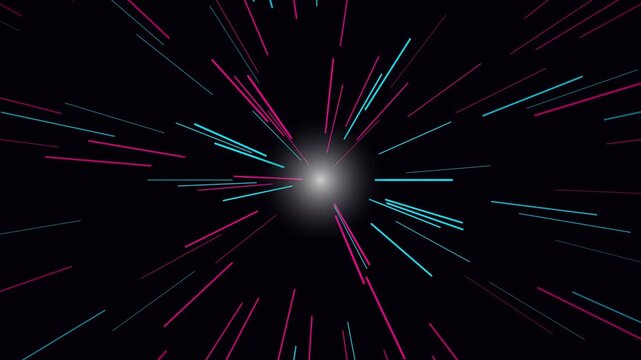 Abstract light speed motion background with red and blue neon streaks in deep space.