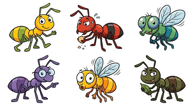 Cartoon insect characters set, cute colorful ants and flying bugs collection, funny garden pests illustrations for children