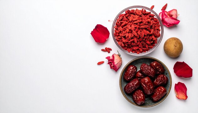 薬膳・クコの実・なつめ・美容・美肌・フラットレイ・白背景・女性向け・アンチエイジング・薬膳食材素材／Yakuzen beauty skin-care ingredient flat lay, goji berry jujube longan rose petal on white background, feminine anti-aging wellness food stock photo, 