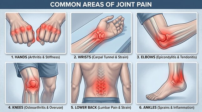 Common areas of joint pain medical illustration, anatomical diagrams of arthritis and inflammation, body ache infographic for healthcare