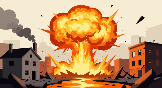 Dramatic explosion in urban city, comic style fire blast and smoke clouds, destructive war scene with burning buildings and debris