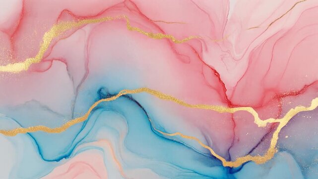 Abstract watercolor paint background illustration - Soft pastel pink blue color and golden lines, with liquid fluid marbled paper texture banner texture. High resolution.