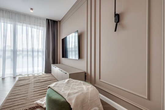 Interior of the modern luxure room and  work area  in studio apartments in minimalistic style
