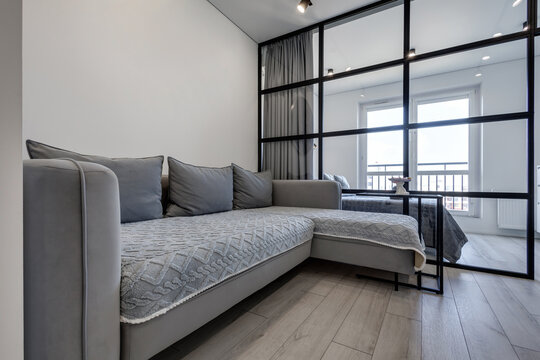 Interior of the modern luxure room and  work area  in studio apartments in minimalistic style