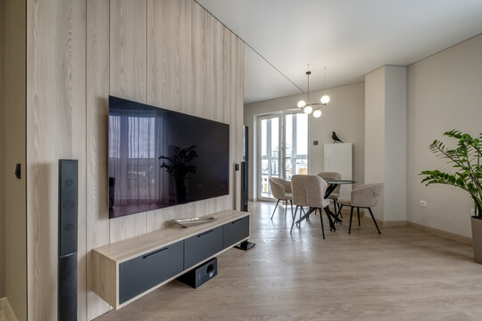 Interior of the modern luxure room and  work area  in studio apartments in minimalistic style