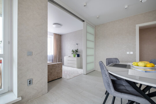 Interior of the modern luxure room and  work area  in studio apartments in minimalistic style