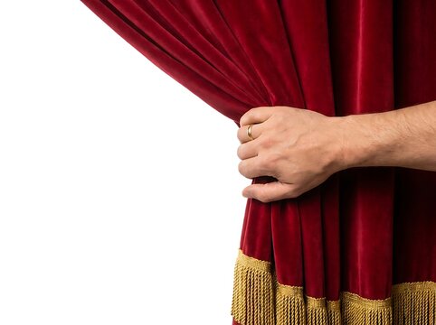 Isolated on a white background, a hand is seen opening a theatre curtain made of beautiful red velvet.