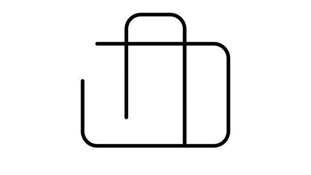 Minimalist black line art depicting a stylized briefcase or abstract geometric shape on a clean white background.