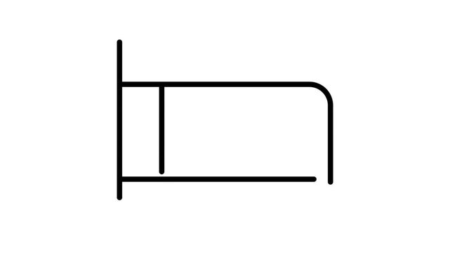 A minimalist line art illustration depicting a simple bed with a headboard and a rounded foot, viewed from above.