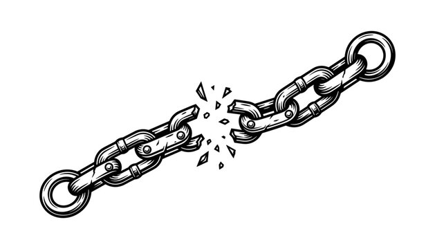Broken metal chain link line art vector illustration concept of freedom liberation power and breaking barriers