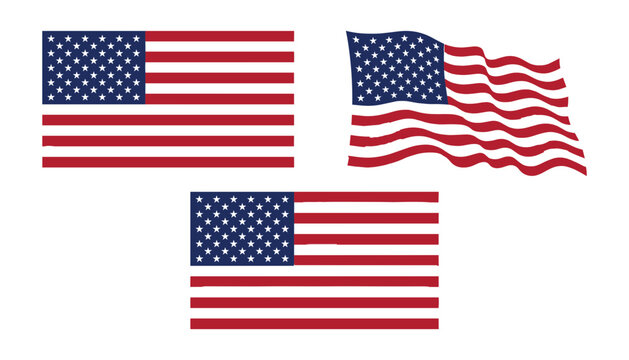 nited States flag vector illustration set with flat and waving American national flag symbols on white.