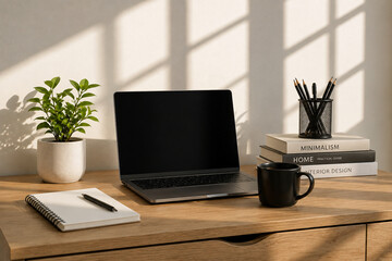 Fototapeta premium Modern Minimal Workspace with Laptop, Coffee Cup and Notebook in Warm Sunlight