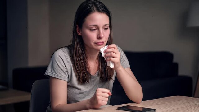 Distressed young woman crying while looking at smartphone. Sad female sitting at table and wiping tears with tissue in dimly lit room. Lockdown medium shot.