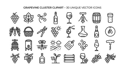 Fototapeta premium Set of thirty unique grapevine cluster and winemaking vector icons with transparent background