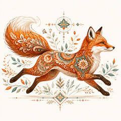 Naklejka premium Ornate Boho Fox Illustration with Floral Folk Art Patterns