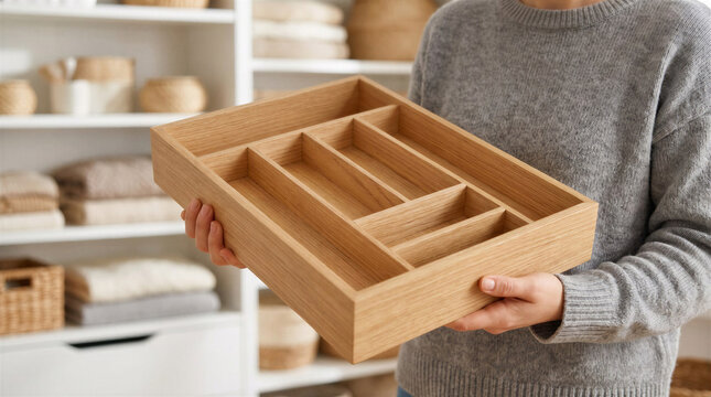 Woman holding a wooden drawer organizer in a modern home. Decluttering and storage solution for tidy kitchen or household organization. Sustainable interior lifestyle concept
