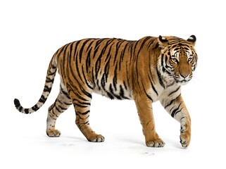 Fototapeta premium A magnificent black-striped tiger is seen strolling on a white backdrop.